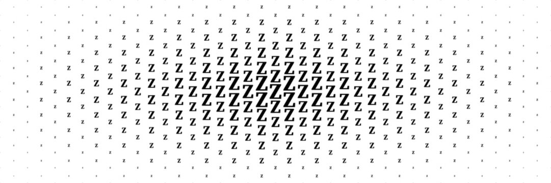 horizontal halftone of black capital letter z spreading from center for pattern and background.