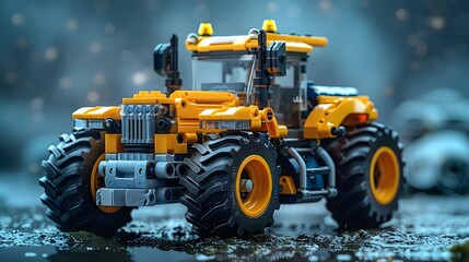Powerful Orange Tractor Navigating Muddy Rural Terrain During Storm