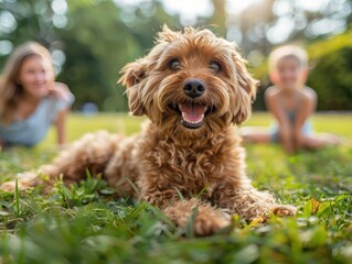 Joyful Family Bonding with Pets in a Lively Backyard Setting
