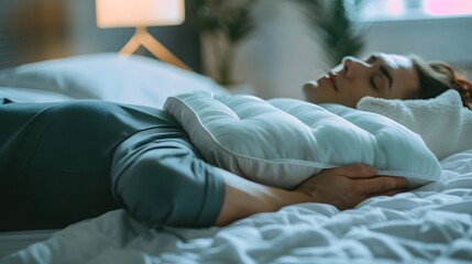 A person using a heating pad while resting on a bed