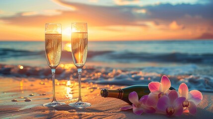 Champagne glasses with a sunset beach backdrop. A romantic evening setting perfect for special occasions. 