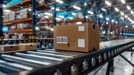 Close-up of a cardboard box with a barcode and product information on a conveyor belt in a warehouse, showcasing detailed product labeling and logistic processes in a photorealistic style, 3D renderin
