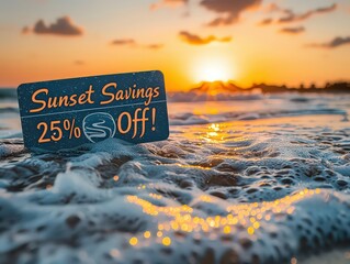  gradient label with sun setting over waves and the text "Sunset Savings - 25% Off!" to offer a serene and attractive summer sale.