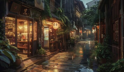 Fototapeta premium A small street in the middle of rural Japan, brimming with businesses, raining weather, nighttime, anime artwork