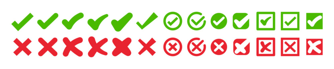 Right and wrong buttons. Yes or no check mark icons in green tick box and red cross. Set of red X and green check mark.  Tick and X mark icon for apps and websites © Olena