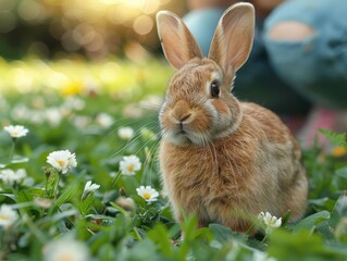 Bonding with Bunny: Person and Pet Rabbit Relaxing on Sunlit Lawn, Serene Moments in Nature