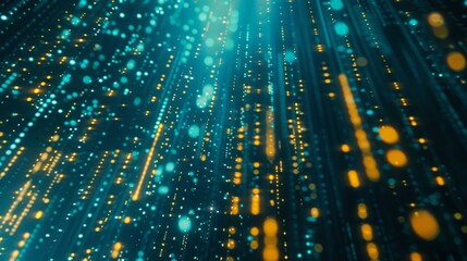 Abstract teal and gold light trails flowing down towards the viewer, creating a sense of movement and depth.