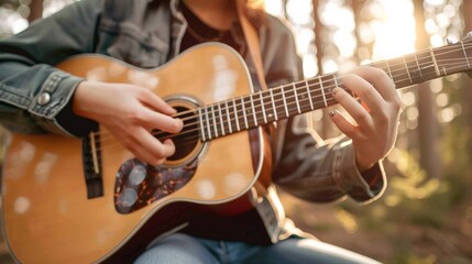A person learning to play the guitar, strumming chords and practicing finger placement