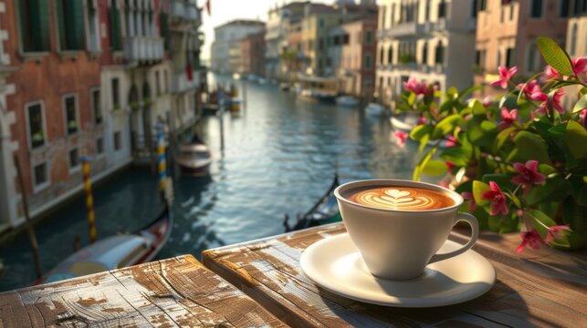 Scenic canal view with a cup of coffee on a wooden table, vibrant morning light. AI-generated image perfect for travel blogs or magazines. AI