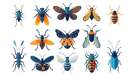 Modern and stylized set of 9 cartoon insect icons, arranged symmetrically on white background