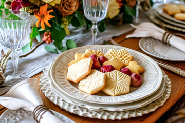 An elegant dessert table featuring decorative cookies and a beautiful floral arrangement