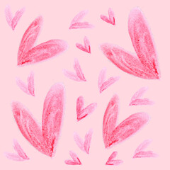 Pink watercolor hand drawn hearts, heart artistic cute texture pattern background, for gentle romantic design for Valentine's Day