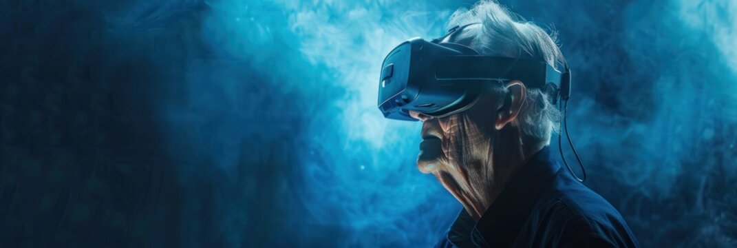 A senior man in VR headset poster with