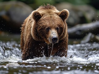 Obraz premium Majestic Bear Fishing in Fast-Flowing Stream with Incredible Detail of Natural Habitat