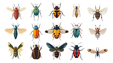 Fototapeta premium Modern and stylized set of 9 insect icons, arranged symmetrically on white background