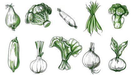 Modern and stylized set of 9 vegetable sketch icons, arranged symmetrically on white background