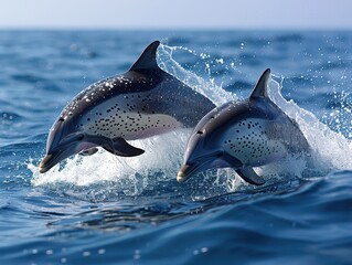 Fototapeta premium Graceful Dolphin Duo: Majestic Ocean Jump with Splashes