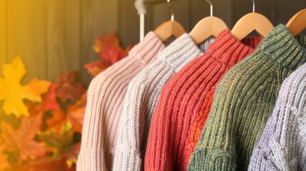 colorful knitted sweaters hanging on wooden hangers with autumn leaves in background, cozy fall fashion concept for clothing stores and websites