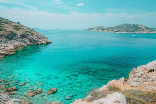 Turquoise ocean with rocky coastline vibrant and serene artistic scene inviting setting tropical vibes relaxing atmosphere peaceful and vibrant