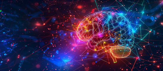 Obraz premium a vibrant image of a brain with interconnected neurons glowing in neon colors, symbolizing artificial intelligence and machine learning, with a high-tech background, AI, digital mi