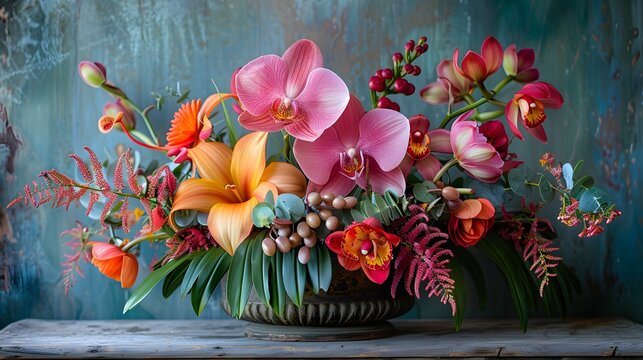 Exotic Floral Arrangement on a Rustic Table: A macro shot of a vibrant floral arrangement featuring a mix of tropical flowers and local wildflowers.