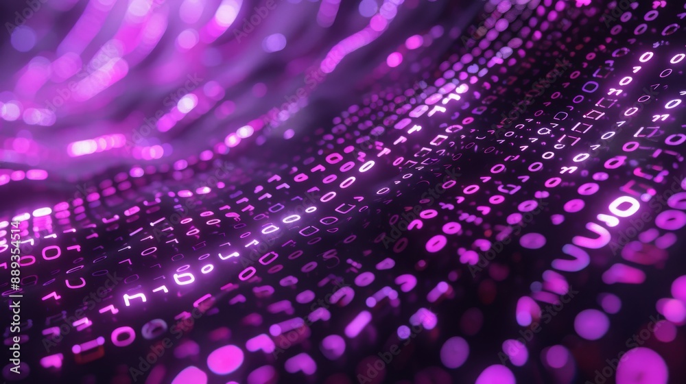 Fototapete A close-up view of a digital background with swirling binary code in shades of purple. The numbers appear to be floating in a dynamic, three-dimensional space.