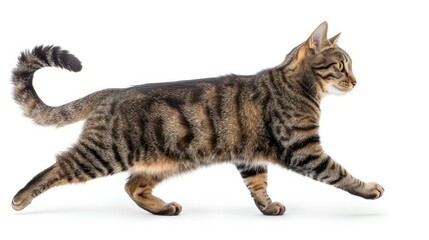 agile tabby cat running and walking side view