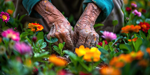 A gardener’s hands planting a variety of flowers, creating a vibrant garden display