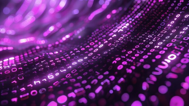 A close-up view of a digital background with swirling binary code in shades of purple. The numbers appear to be floating in a dynamic, three-dimensional space.