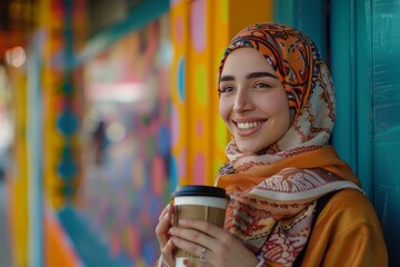 Smiling Woman in Hijab Holding Coffee Cup