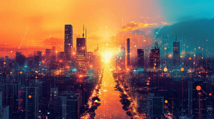 Fototapeta premium An image of a modern Cuiabá cityscape highlighting global connectivity, with elements like international trade routes, technology hubs, and diverse cultural influences. Live colors, realistic. Show pe