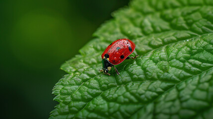 Fototapeta premium A close-up of a ladybug with bright red wings and distinctive black spots, moving along a moss-covered branch, surrounded by the lush greens of the forest.