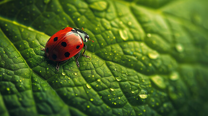 Fototapeta premium A close-up of a ladybug with bright red wings and distinctive black spots, moving along a moss-covered branch, surrounded by the lush greens of the forest.