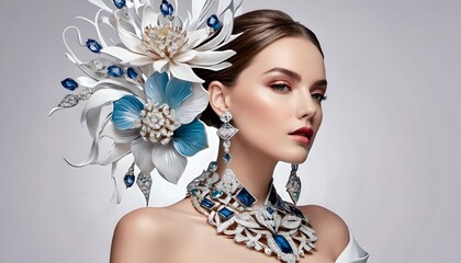 Professional jewelry photo shoot, floral decor. Female portrait. Woman with flowers