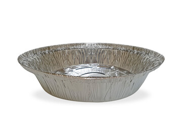 Empty round shape aluminum baking pan isolated on white background. Front view of round metal pie...