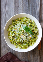Farfalle pasta with pesto sauce. Healthy eating. Vegetarian food.