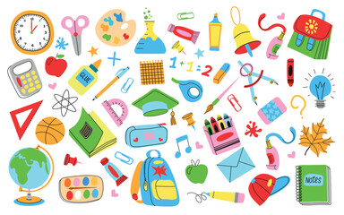 Set of school stationery and art supplies. Back to school. Vector flat illustration in hand drawn style.