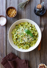 Farfalle pasta with pesto sauce. Healthy eating. Vegetarian food.