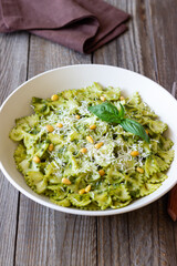 Farfalle pasta with pesto sauce. Healthy eating. Vegetarian food.
