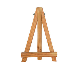 Mini wooden easel display stand mockup isolated on white background with clipping path. Close up front view.