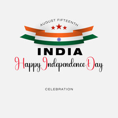 Holiday design, background with handwriting texts, spinning wheel and national flag colors for August fifteenth, India Independence day, celebration; Vector illustration.