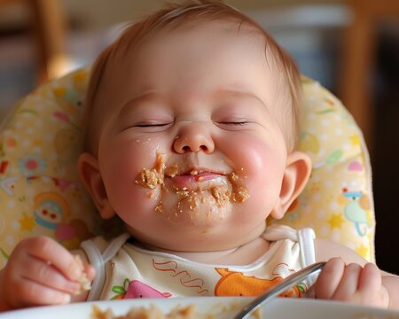 Messy baby eating food with a spoon