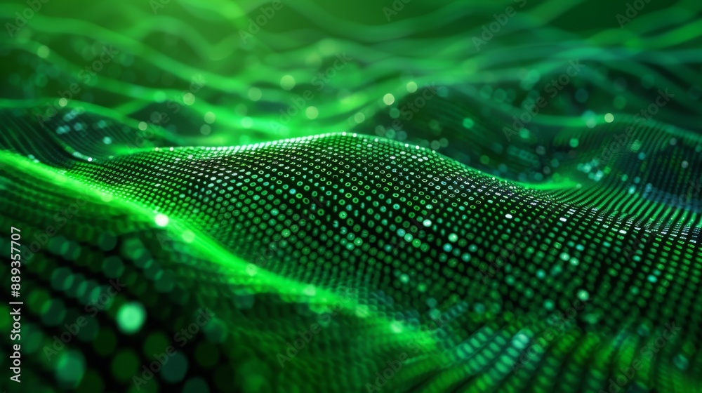 Leinwandbilder A green, digital wave pattern with binary code flowing through it. The abstract design appears to be glowing and animated.