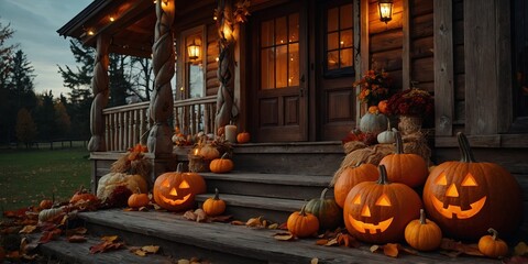 Background with halloween pumpkins, candles and autumn leaves on the wooden house porch. AI generated.
