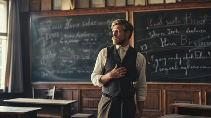 Vintage Classroom with Teacher in Front

