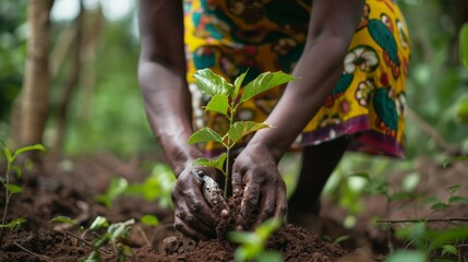 Naklejka premium A person planting trees in a community reforestation project, contributing to environmental conservation