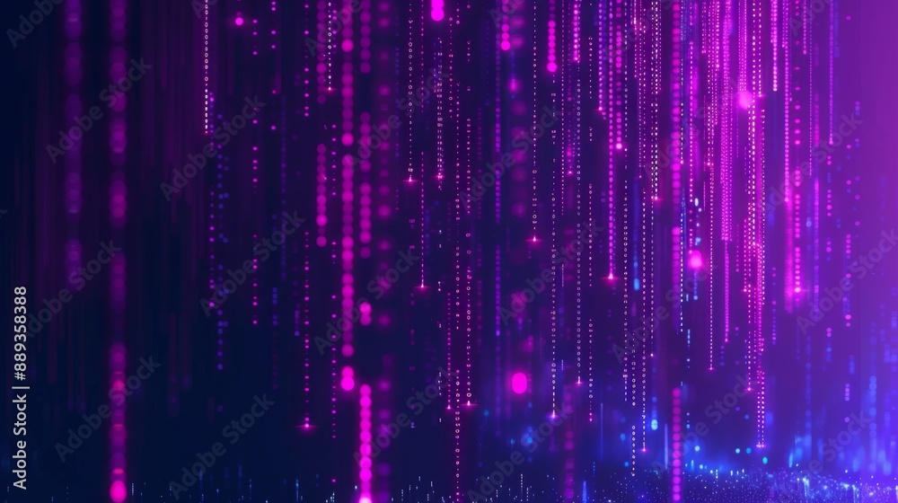 Poster a digital representation of rain falling, with vertical streams of pink and purple lights on a dark 