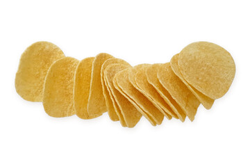 Row of crispy potato chips top view isolated on white background with clipping path.