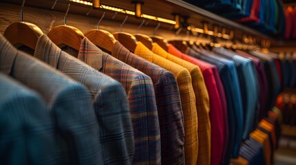 Obraz premium Luxury wardrobe, designer suits, high-end clothing rack, varied color palette, soft lighting, wooden closet interior, tailored jackets, premium fabrics.