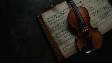 Fototapeta premium Violin on Wooden Table with Open Sheet Music.